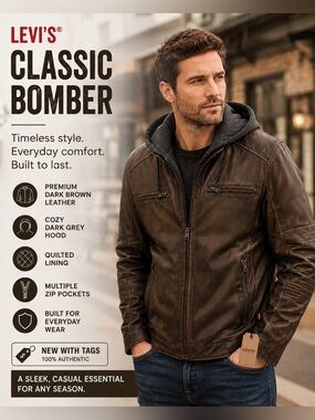 Levi's Dark Brown Leather Bomber Jacket with Hood